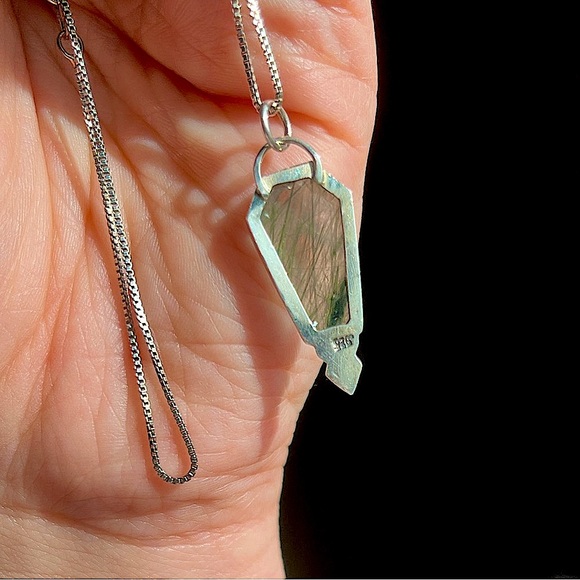 Green Rutile in Quartz Coffin Shape Handmade Sterling Silver Necklace - Picture 6 of 13